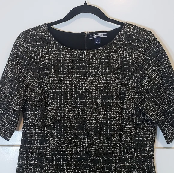 Lands' End Midi Dress Short Sleeves Pockets Stretch Size 12 Black Tan Print - Picture 2 of 16